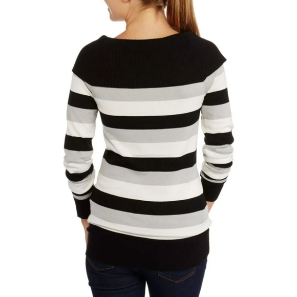 No Boundaries Fold-Over Striped Pullover Sweater - Picture 2 of 9